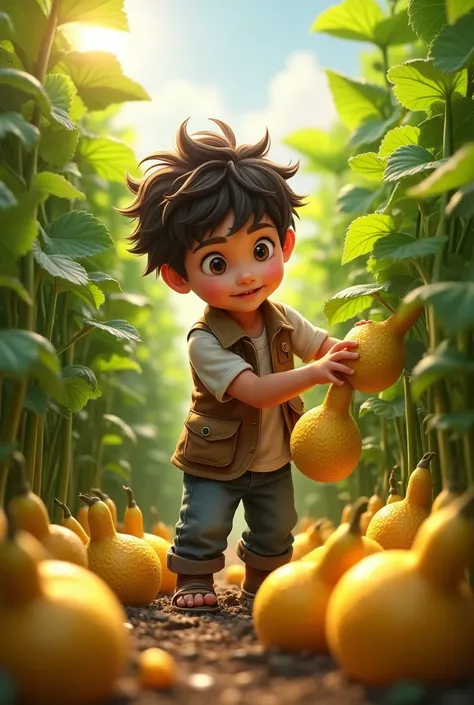 Sponge gourd harvesting boy