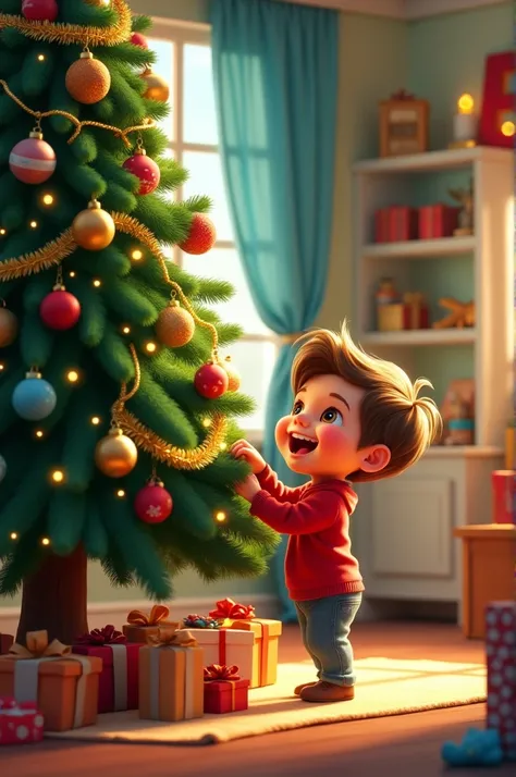 Happy kid decorating beautiful Christmas tree. Cartoon image 