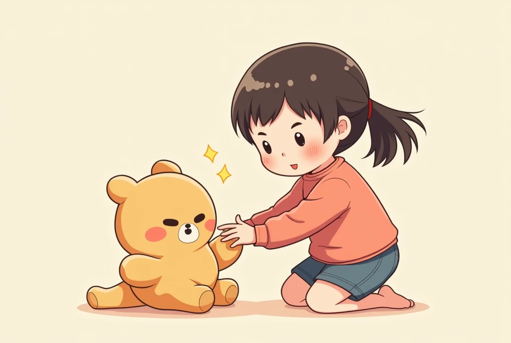 See a cute plush toy，Going to get it，Mom, show up quickly，A vigilant expression on his face，pick up the baby。Cartoon，可爱Cartoon，可爱Cartoon风格，maternal love，Cute illustration，Clean anime art，Simple background