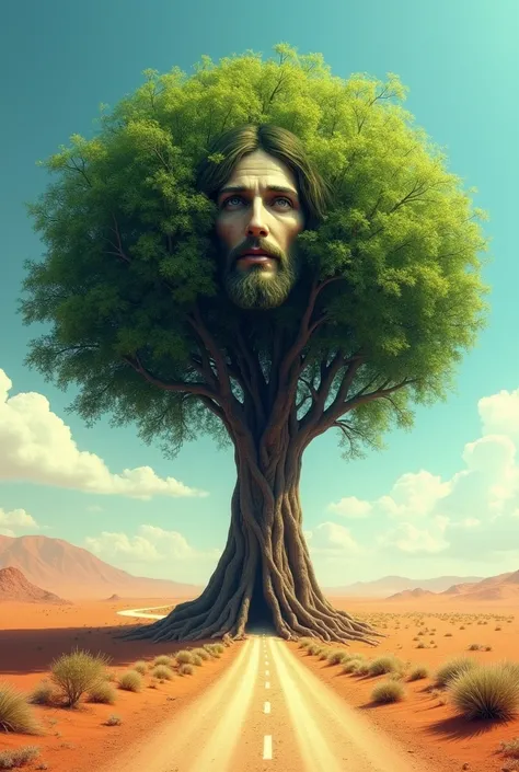 A road in the desert with a huge tree next to it that depicts the face of Jesus in its leaves 