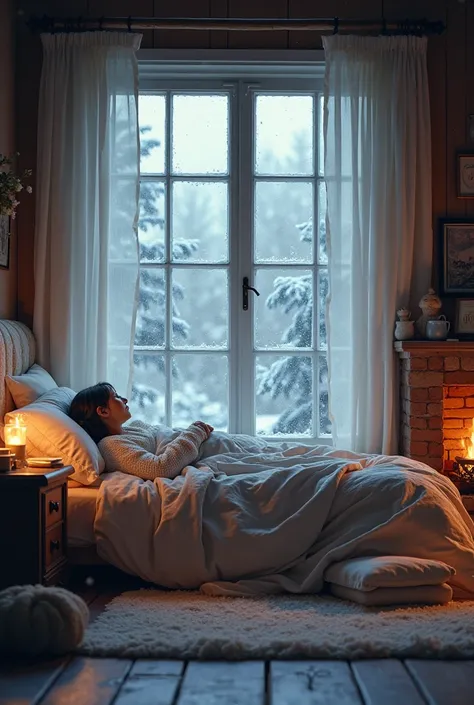 A cozy bedroom in a snowy weather with a cozy bed.