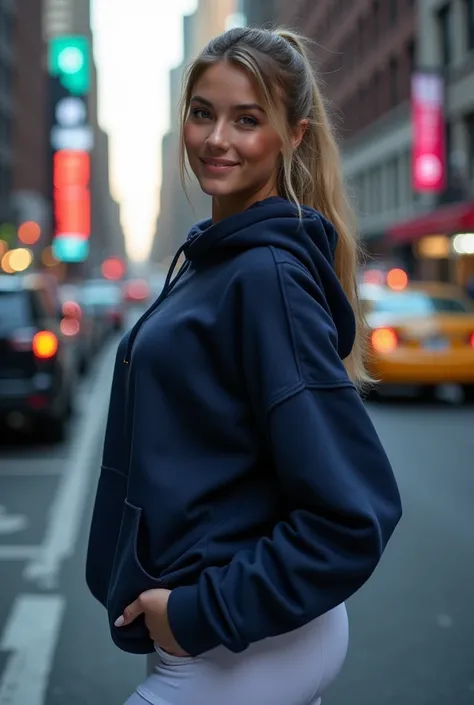 Foto hiperrealista en primer plano de Emily Sears, masterpiece, best quality, (photorealistic:1.4), full body, (navy blue oversize hoodie:1.1), (white half pant legs Leggings:1.2), New York streets, cinematic light, beautiful woman, skinny, large big breas...