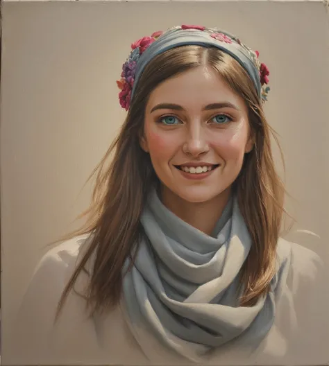 A painterly oil sketch made using alla prima technique, which is a portrait of the bust of a 30-year-old woman with visible traces of great beauty. Dark blonde long hair. Bright eyes. Proudly smiling. On her head she wears a fancy, intricately embroidered ...