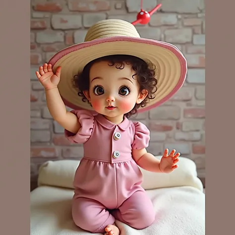 Baby with small, slanted eyes, very short and curly hair, brown hair and white skin, wearing a really cute outfit, sitting infront of bricks. Both hands is touch her hat Disney style 