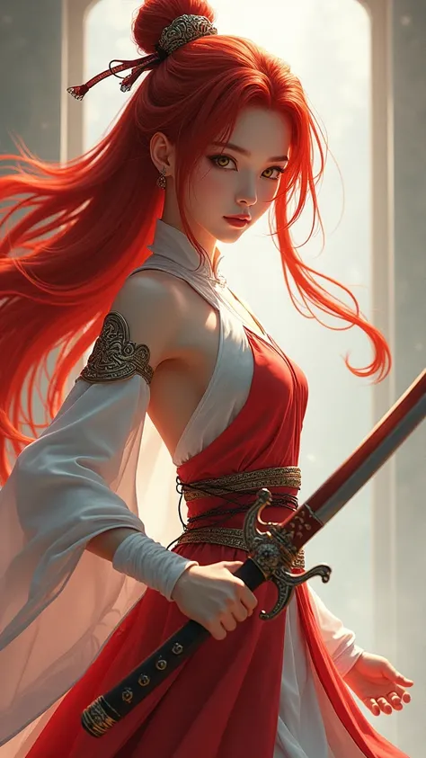 Young girl, long red hair, yellow eyes, white and red Chinese dress, tight dress, tight sleeves, tights, shorts, Chinese sword, Masterpiece, best quality, Full HD, 8k, ultra details, great graphic