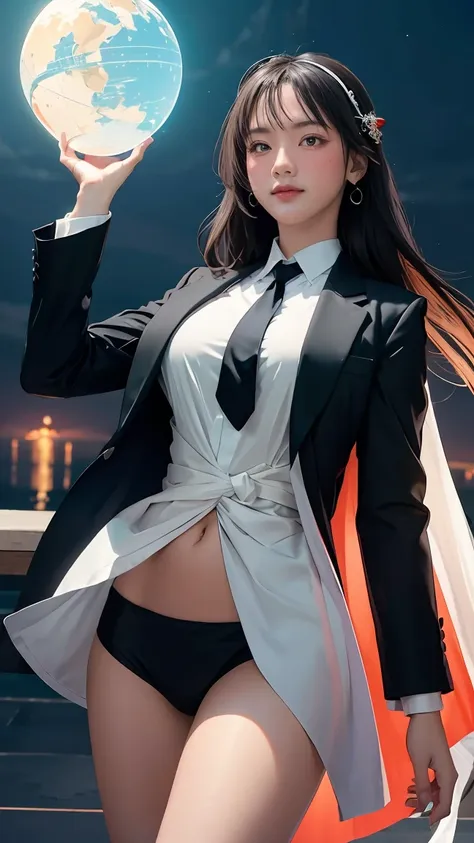 ((Masterpiece, best quality, very detailed), Volumetric light, surrounding occlusion, Rich and colorful, glow), 1 woman, , young girl, (Smooth black), long hair, radius, sacred, goddess, CEO Luke, (black suit, White shirt and red tie:1.3), long black coat,...