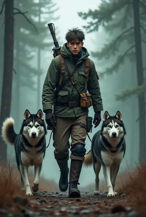 A young hunter with his two Siberian husky in an Apocalypse one white and black female and the other white and dark brown male in the middle of the forest 