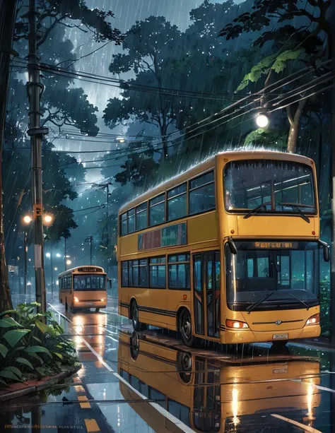 wide view, a lonely bus, bus stand, wild forest, heavy rain, monsoon, low visibility, in the middle of nowhere, big giant trees on both sides of road, dense greenery, headlights lit, no one, moody weather, late evening time, plants growing on bus stand, wi...