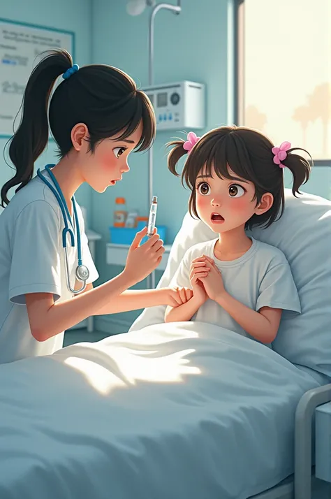 1 jaonan (girl) sitting in a hospital bed scared, a young doctor is holding her hand to help doctor charn give injection to jaonan. Doctor charn giving injection to jaonan