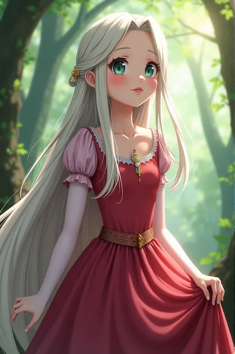 Rapunzel with white hair and in anime style and dressed in red 