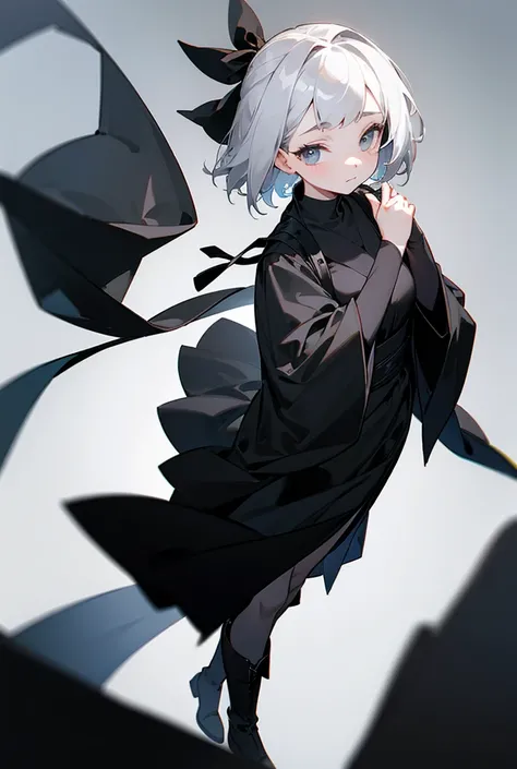 Grey dress、Wear a black robe、Black boots、Pure white hair、Short Hair、One Girl、20-year-old、Simple Background, Character portrait, 