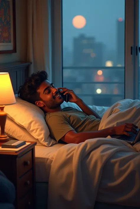 Scene 3: Sohel talks to Tanjila over the phone and feels more comfortable
Visual Prompt: A young man, Sohel, is lying on his bed, holding a phone to his ear with a relaxed expression. He looks happy and comfortable, smiling softly, with a few personal item...