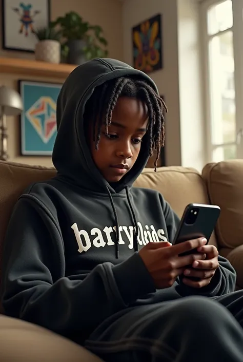 (photorealism:1.2), young black boy with dread, sitting on sofa, wearing a Hood from the back, a Hood with big words as “BARRIOKIDS”short calssic pens, indoors, soft lighting, cyber photos on the wall as decoration , window with sunlight, cozy room, relaxe...