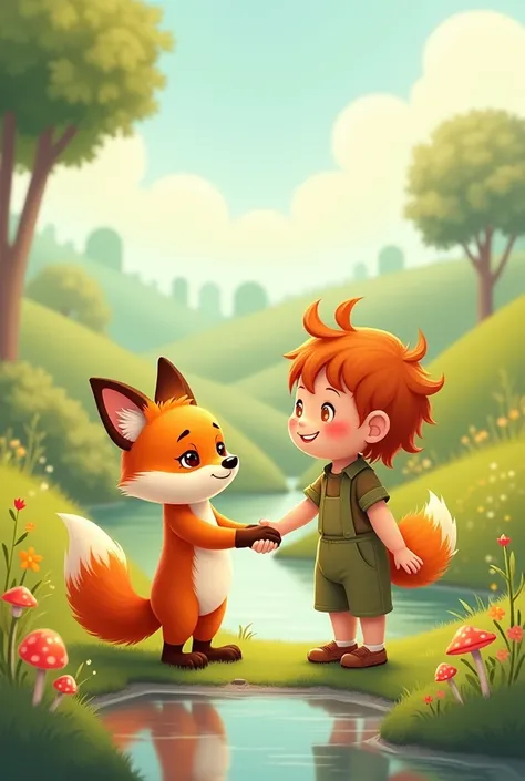 2d illustration of a cute little fox shaking hands with a 