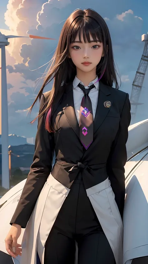 ((Masterpiece, best quality, very detailed), Volumetric light, surrounding occlusion, Rich and colorful, glow), 1 woman, lonely, young girl, (Black bangs), long hair, radius, wind energy, sacred, goddess, CEO vibe, (suit with necktie:1.3), armor, outdoor, ...