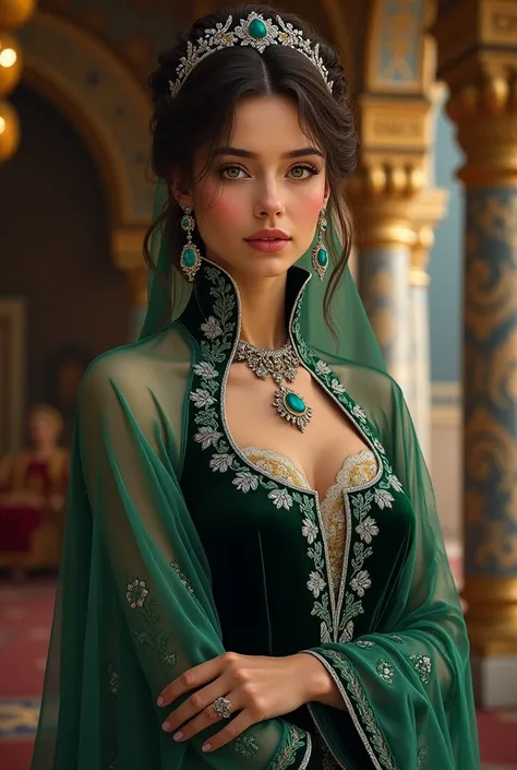 Concubien qui porte une robe longue en velours vert foncée, la robe a un col haut, de longues manches avec des bordures enfil dargent, elle porte aussi un châle en soie semi transparent, elle a un chignon avec des cheveux bru, elle a un collier en argent, ...