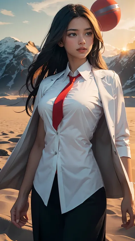 ((Masterpiece, best quality, very detailed), Volumetric light, surrounding occlusion, Rich and colorful, glow), 1 woman, , young girl, (Smooth black), long hair, radius, sacred, goddess, CEO Luke, (black suit, White shirt and red tie:1.3), long black coat,...