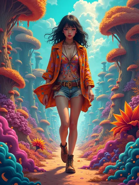 n a psychedelic wonderland, a Vietnamese girl, embodying the spirit of rebellion within, ventures through a whimsical landscape. Surrounded by swirling patterns and kaleidoscopic colors reminiscent of 1960s counterculture, she confidently struts in her unc...