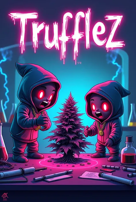 logo name "Trufflez", funky bubble 3D vibrant font, vibrant blue purple neon green colour, vibrant science lab background with lightning and smoke experiment bottles weed, marijuana, exotic, smoke everywhere, lots of raws rolling paper, lighter, joints, le...