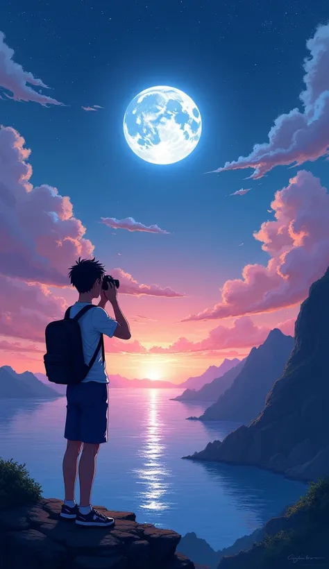 A anime guy stands on a cliffside, capturing the breathtaking moonlight over the ocean with a camera. They are wearing a backpack and casual clothing, facing the horizon with a relaxed pose. The vibrant sky is painted in shades , creating a serene and warm...