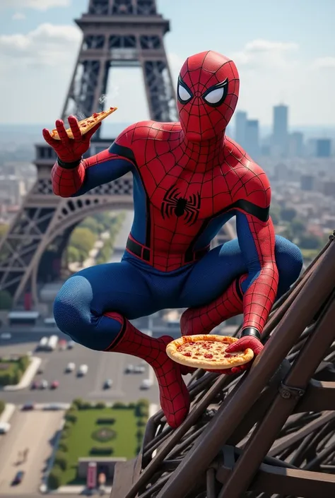 Spiderman holding a pizza hanging off the Eiffel tower 