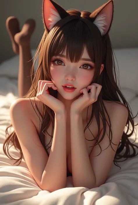 4k, realistic, high quality, detail, 1girl, cat ears, pussy, (pantyhose:1.1), cute, (blush:1.2), happy face, medium breasts, brown hair, long hair, open mouth, looking at viewer, nsfw, (pussy:1.3), (lying on bed:1.1)