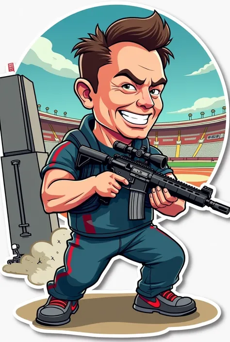 Vector image sticker art of Elon Musk as a Olympic shooter like the Turkish shooter cartoonistic 