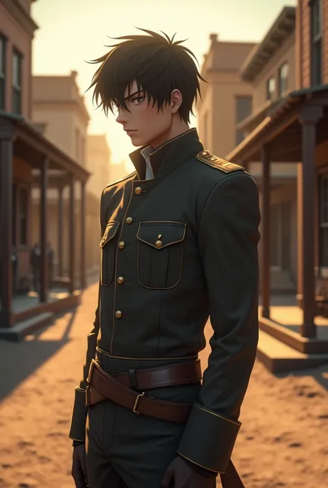 realistic style, Eren Yeager, in a late afternoon mood, a western style town, A deep look.