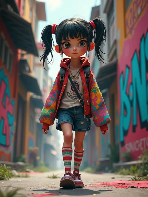 Roaming the streets of a bustling city, a Vietnamese girl with a rebellious and quirky personality dives into the vibrant world of street art. Wearing mismatched clothes adorned with colorful graffiti patterns, she explores hidden alleyways filled with eye...