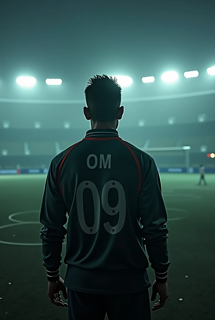 me wearing an indian national cricket team jacket .  An standing in cricket stadium eden garden.  Its dark environment and foggy.  No one is out there. Photoshould be my backside on jacket my name is OM and number 09. And my physique is like perfect cricke...