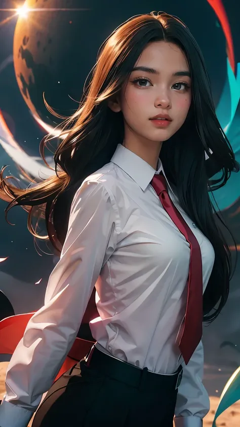 ((Masterpiece, best quality, very detailed), Volumetric light, surrounding occlusion, Rich and colorful, glow), 1 woman, , young girl, (Smooth black), long hair, radius, sacred, goddess, CEO Luke, (black suit, White shirt and red tie:1.3), long black coat,...