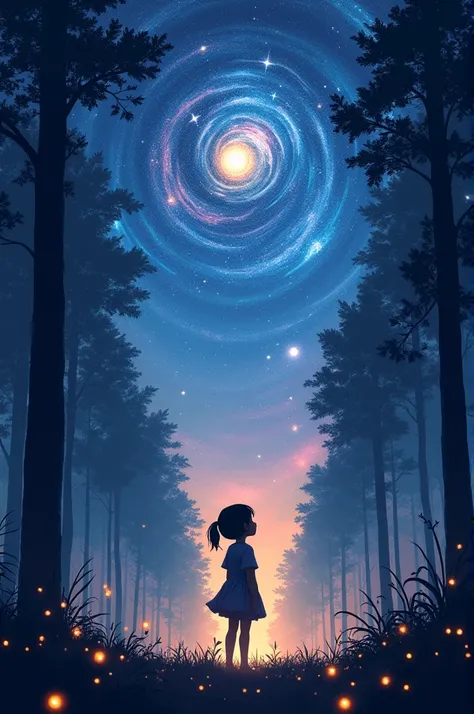 A mystical forest at night with a sky filled with cosmic imagery, inspired by Pixar style. The sky above the forest features swirling galaxies, glowing stars, and a vast, interconnected web of light that represents the universe. Overlaid on this cosmic sce...