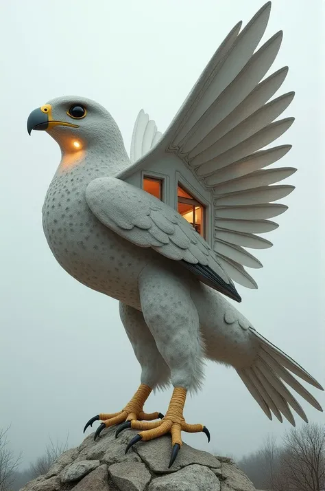 

"A surreal design of a house that merges seamlessly with the shape of a falcon. The house is designed to resemble a falcon in flight, with the wings forming the sides of the house and the beak shaping the front entrance. The tail feathers extend into the...