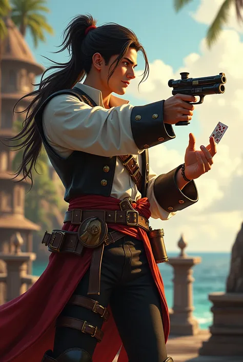 A male pirate holding a pepper-box gun. Mid-20s. He has long, dark hair tied back into a pony tail and bronzed skin. No hat. Fantasy themed. Taking aim with gun. Holding playing cards. Standing on a pier. Daytime. 