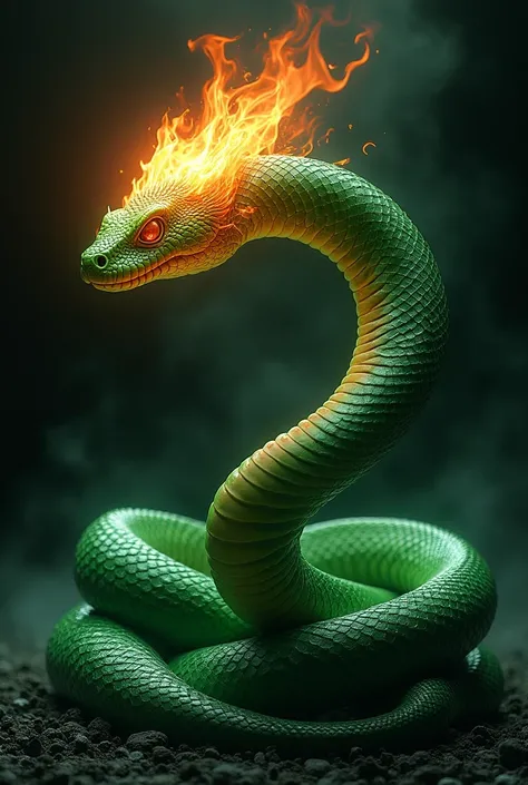 Green snake with fire head on black and white