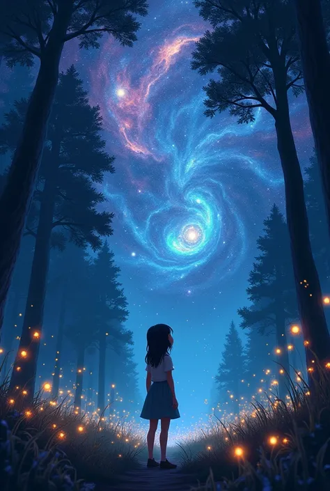 A mystical forest at night with a sky filled with cosmic imagery, inspired by Pixar style. The sky above the forest features swirling galaxies, glowing stars, and a vast, interconnected web of light that represents the universe. Overlaid on this cosmic sce...