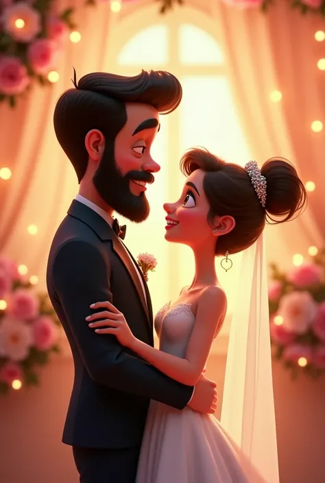 Create an animated image of Disney Pixar couple at the wedding, the boy who is taller, light brown, with a full beard and black hair, who has dark eyes, long eyelashes and pink, thick lips, a sharp face and a turned-up nose., The girl who is short in statu...