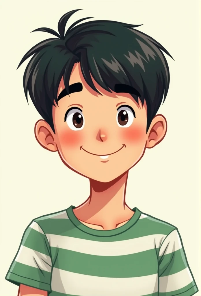 Cartoon portrait of a 2 man with straight black hair wearing a green and white shirt