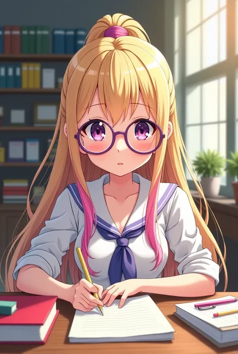 front view of an anime girl with blonde ponytail and pink extension and purple glasses sitting at a desk writing.