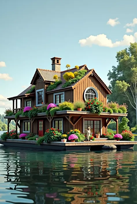 A commercial boat with a house on it and a flower garden in front of the house.
