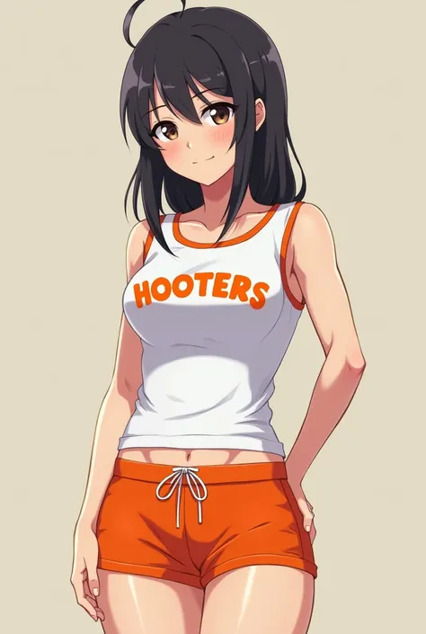 Imagine a Komi-san, the shy protagonist of *Komi Cant Communicate*, dressed in the iconic Hooters uniform. The set consists of a fitted sleeveless T-shirt, White color, with the Hooters logo on the center chest. The shirt highlights your figure, keeping hi...