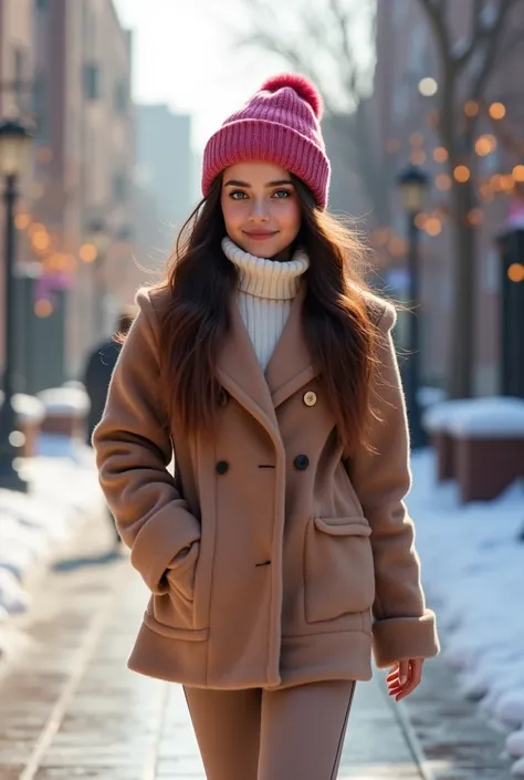 Prompt, realistic influencer Pakistani lovely cute young attractive teenage girl, 1, fair face, mole on cheek, little mouth,cute, beautiful , blue eyes, big smile, dimpal ,an Instagram model,long  brown_hair, colorful hair, winter,fashionable runway model ...