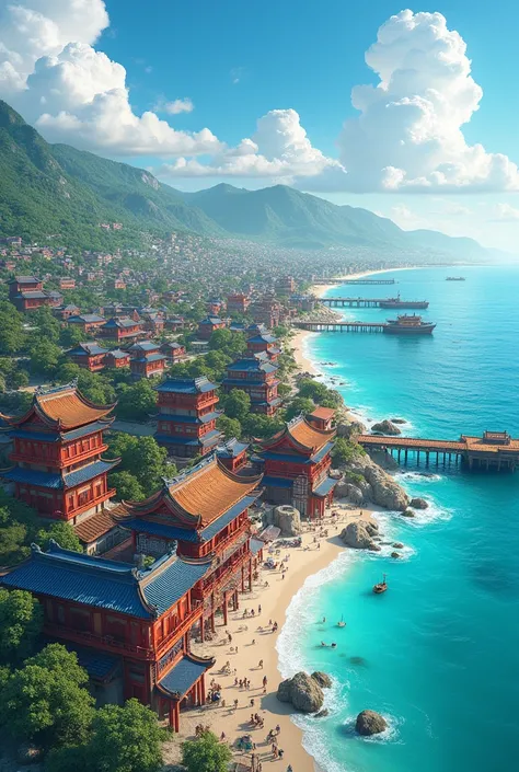 Asian coastal city , with several houses and buildings ,  with a wooden port along the entire coast , 