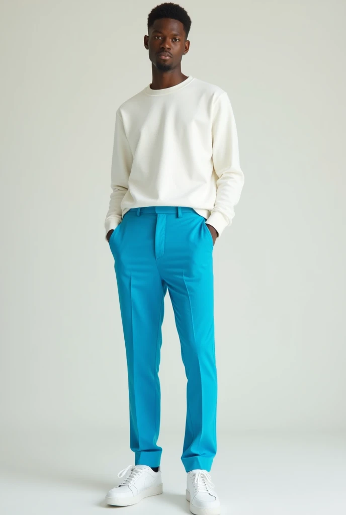 White sweater top and a turquoise blue official trouser, slim fit. With white air force 