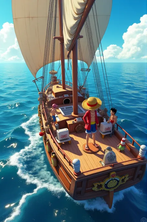 Luffy in One Piece is on his ship with his 9 friends, Their ship is sailing on the sea, All images are 3D and realistic.