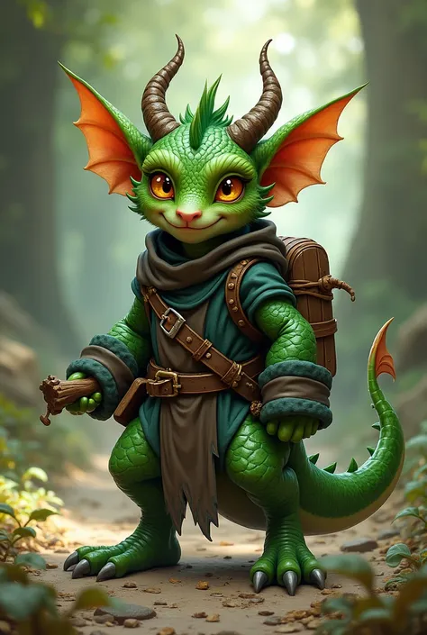 imp , dungeons and dragons, green scales, two arms, two-legs, a dragon&#39;s tail, small pointed horns on the head, yellowish red eyes, plein-air, giorno, wizard outfit, wooden staff, very detailled, backpack on back, 80 centimeters tall