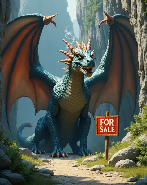 A dragon with a “For Sale” sign in front of its cave.