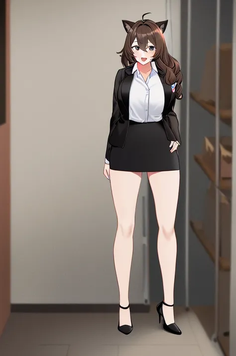 ((masterpiece, best quality)), (1girl), (solo), (female focus), (ahoge, brown hair, long wavy hair, cat ears), cat eyes, (catgirl, office lady), light smile, open mouth, ((black blazer), (white shirt), (buttoned shirt), (button gap)), ((black skirt), (shor...