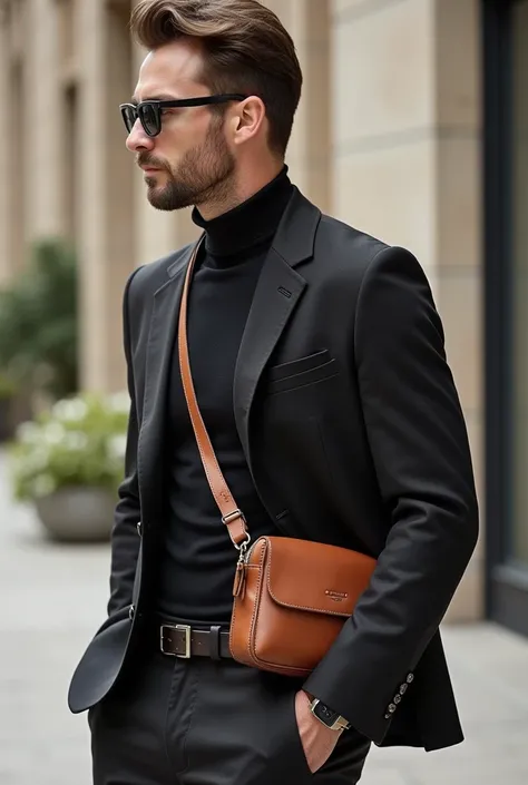 Generate a leather cross body bag and matching leather slippers photoshoot for men
