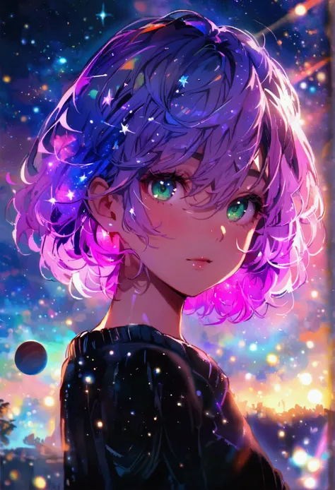  Light purple, Sky, its night, the night is full of stars, there are planets in the sky, bright colors, Incredible details, Shiny hair, spectacular hair, Cute, small breasts, petite, , short hair, galaxy hair, green eyes, tanned, black sweater,